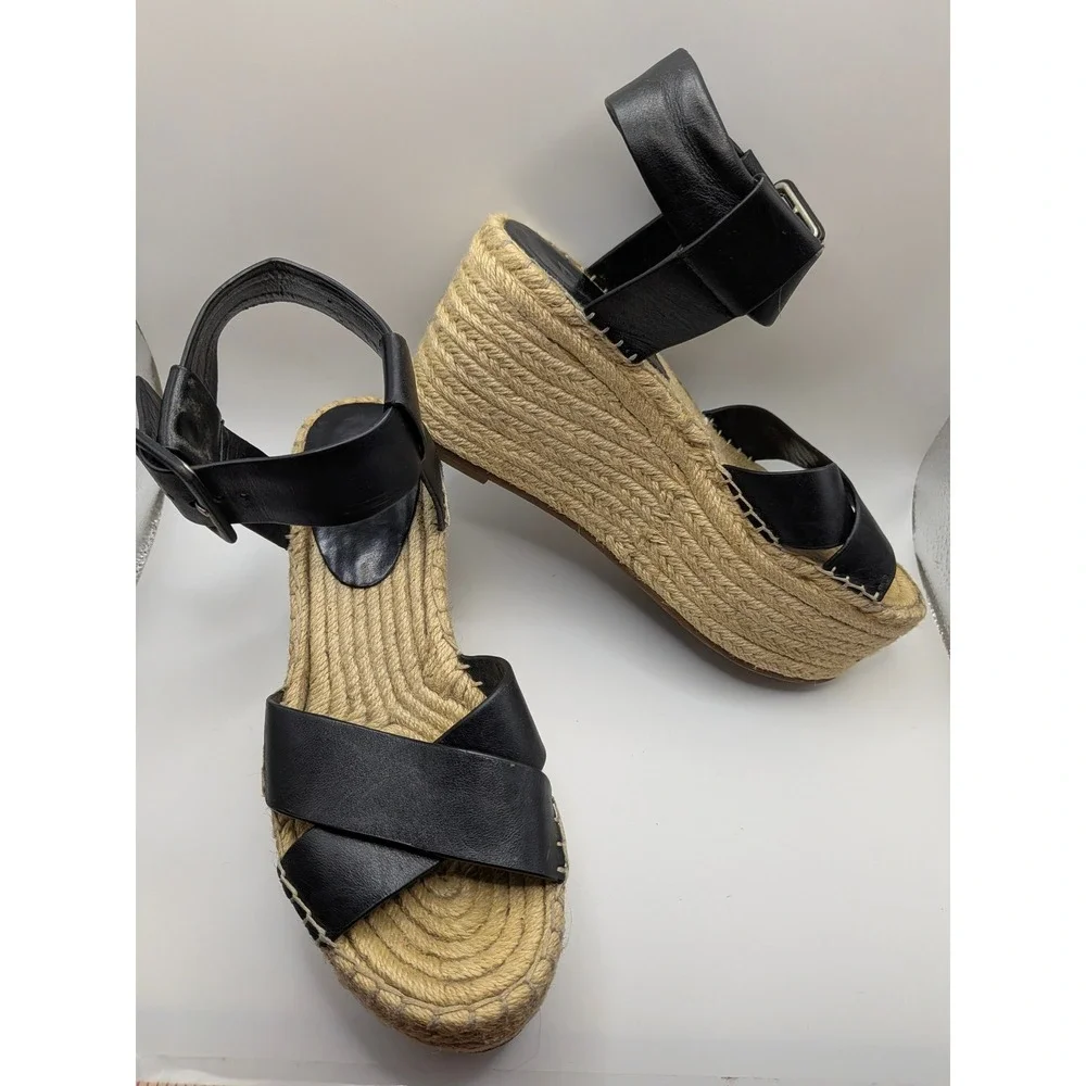 Marc Fisher LTD Adalyn Black Leather Espadrille Wedge Sandals Womens 7M